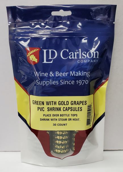 PVC Shrink Capsules – Green with Gold Grapes (Bag of 30)
