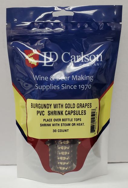 PVC Shrink Capsules – Burgundy with Gold Grapes (Bag of 30)